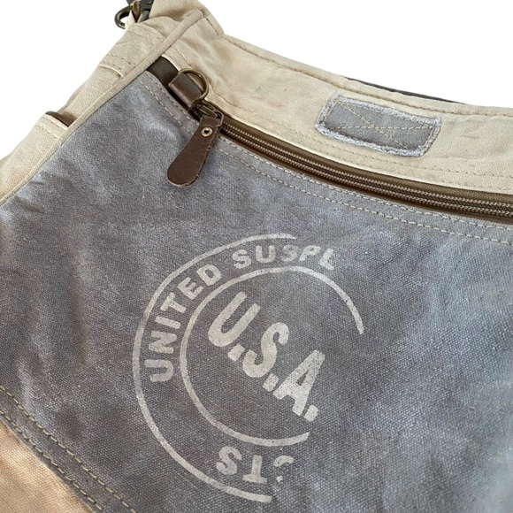 Myra Bag Up-cycled Canvas and Leather USA Stamp Shoulder Bag - Picture 4 of 13